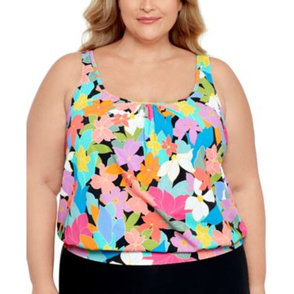 Swim Solutions Plus Size Shirred Neck Blouson Floral Frenzy 20W, NWT